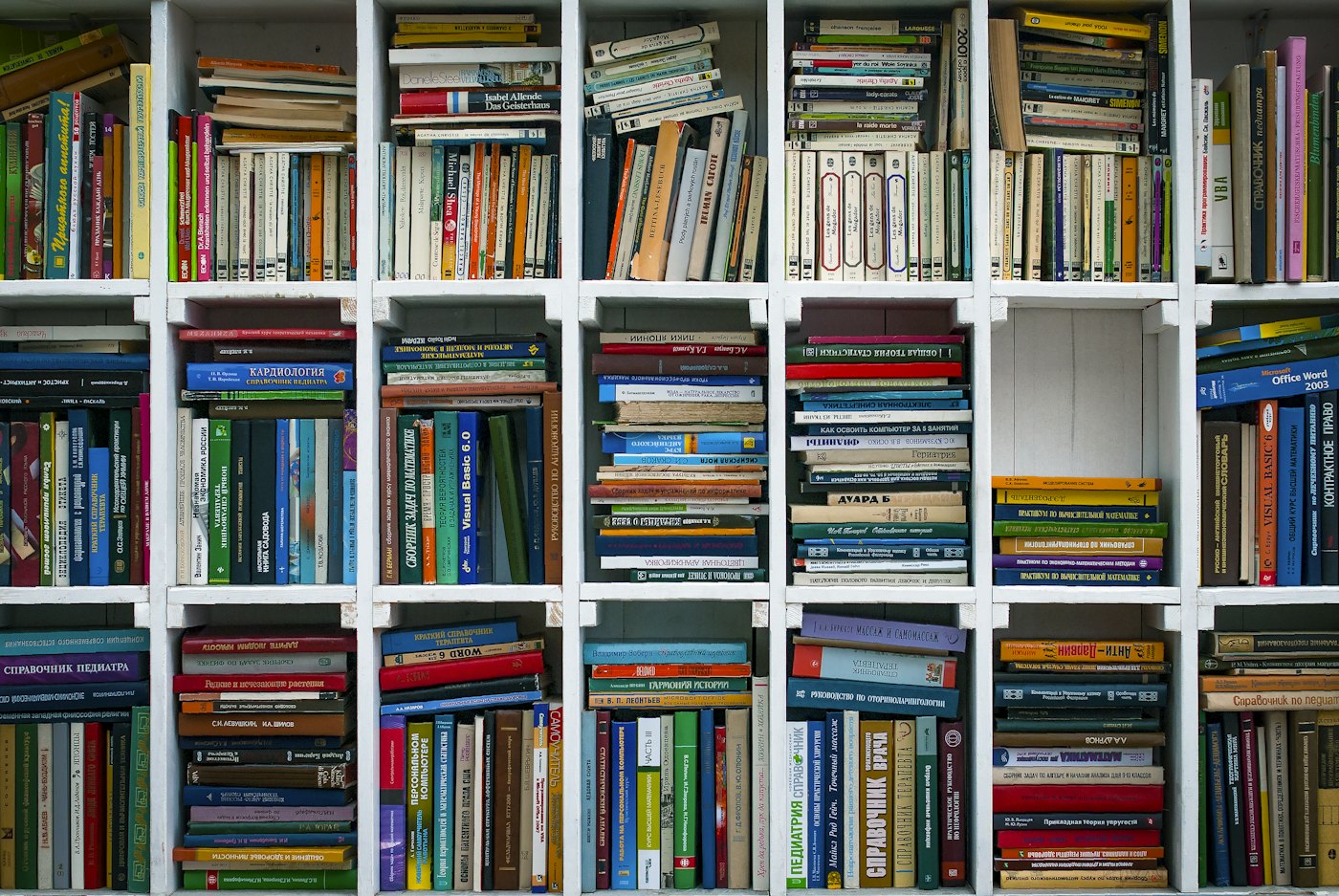 Estante de biblioteca com livros arrumados.
